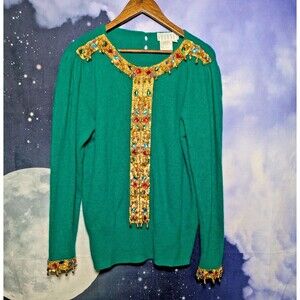 Vintage Green Jewel Embellished Sweater Size M Shannan Glam 80s Festive Luxury